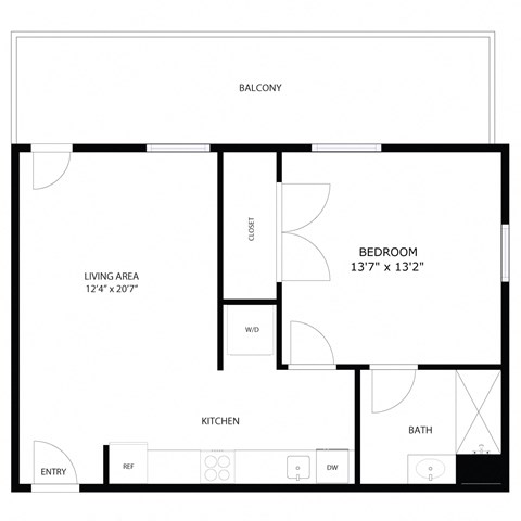 A black and white image of a floor plan for a home with a living area, kitchen, bathroom, and bedroom.